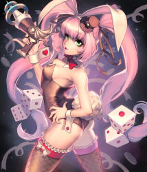 Rule 34 | 1girl, animal ears, breasts, card (medium), chaos online, cowboy shot, detached collar, dice, fake animal ears, green eyes, hat, long hair, love cacao, mini hat, mini top hat, official art, pink hair, playboy bunny, rabbit ears, rabbit tail, small breasts, solo, tail, thighhighs, top hat, twintails, tyria (chaos online), very long hair, wrist cuffs