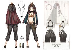 Rule 34 | 1girl, absurdres, arms at sides, bandaged arm, bandages, bare shoulders, black footwear, black headwear, black pants, bra, bracelet, breasts, character sheet, closed mouth, denonbu, from behind, from side, full body, green eyes, grey hair, haijima ginka, highres, jewelry, looking at viewer, mole, mole under mouth, multiple views, navel, necklace, official alternate costume, pants, parted bangs, puffy pants, sandals, short hair, simple background, small breasts, smile, song name, standing, tauyuki saema, underwear, veil, white background, yellow bra