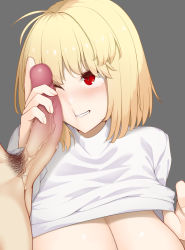 Rule 34 | 1boy, 1girl, arcueid brunestud, blonde hair, blush, breasts, censored, cheek press, cleavage, clothed female nude male, clothes lift, commentary request, erection, eyebrows hidden by hair, facejob, gask (architect 2d), grey background, handjob, heart, hetero, highres, huge breasts, large penis, long sleeves, looking at penis, male pubic hair, mosaic censoring, nude, open clothes, open mouth, penis, penis awe, penis grab, penis on face, pointless censoring, pubic hair, red hair, shirt, shirt lift, short hair, smile, solo focus, sound effects, tohno shiki, translation request, tsukihime, tsukihime (remake), upper body, veins, veiny penis, white shirt