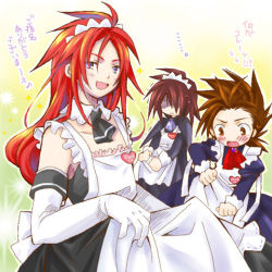Rule 34 | 00s, 3boys, alternate costume, apron, artist request, blue eyes, blush, brown eyes, brown hair, chibi, dress, gloves, happy, headdress, heart, kratos aurion, lloyd irving, long hair, lowres, maid, maid apron, male focus, multiple boys, necktie, open mouth, red hair, short hair, shy, spiked hair, sweatdrop, tales of (series), tales of symphonia, text focus, translation request, zelos wilder
