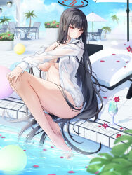 Rule 34 | 1girl, barefoot, bikini, black bikini, black hair, blue archive, blue sky, blurry, breasts, commentary, cup, depth of field, drinking glass, feet, flower, halo, highres, knees up, large breasts, leaf, legs, long hair, outdoors, parted lips, petals, pool, poolside, red eyes, red flower, rio (blue archive), shirt, sitting, sky, soaking feet, solo, swimsuit, thighs, toenails, toes, very long hair, water, wet, white shirt, yoru0409