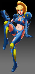 Rule 34 | 1girl, adapted costume, arm cannon, blonde hair, blue eyes, boots, breasts, cleavage, covered erect nipples, crop top, fusion suit, gradient background, high ponytail, highres, large breasts, lipstick, long hair, makeup, metroid, metroid fusion, midriff, mittu02, navel, nintendo, samus aran, shoulder pads, simple background, solo, thigh boots, thighhighs, weapon