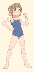 Rule 34 | + +, 1girl, absurdres, barefoot, blue one-piece swimsuit, brown hair, closed eyes, competition school swimsuit, covered navel, fang, flat chest, full body, hand on own hip, highres, karubi (karubi465558), multicolored hair, oka asahi, one-piece swimsuit, onii-chan wa oshimai!, orange hair, school swimsuit, short hair, simple background, smile, solo, standing, swimsuit, two-tone hair, yellow background