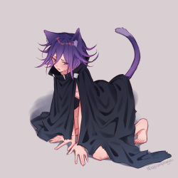 Rule 34 | 1boy, all fours, animal ears, barefoot, black cape, blush, cape, cat boy, cat ears, cat tail, commentary request, danganronpa (series), danganronpa v3: killing harmony, ewa (seraphhuiyu), full body, grey background, hair between eyes, highres, long sleeves, male focus, naked cape, open mouth, oma kokichi, purple eyes, purple hair, short hair, solo, tail, torn cape, torn clothes