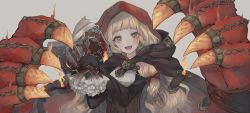 Rule 34 | 1girl, belt, belt buckle, blonde hair, blunt bangs, blush, book, bow, brown belt, buckle, cape, claws, corset, fire, frilled sleeves, frills, grey background, hair bow, highres, holding, holding book, hood, hood down, hood up, hooded cape, long hair, long sleeves, looking at viewer, open book, open mouth, orange eyes, red bow, red cape, red hood, red riding hood (sinoalice), sidelocks, simple background, sinoalice, sleeves past wrists, solo, upper body, wavy hair, yrloge