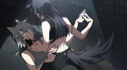 Rule 34 | 2girls, ambience synesthesia, animal ears, arknights, black gloves, black hair, black nails, clothing cutout, cropped shirt, extra ears, finger in another&#039;s mouth, fingerless gloves, from behind, girl on top, gloves, grey eyes, grey hair, grey tank top, hair ornament, hairclip, highres, holding hands, jewelry, lappland (arknights), long hair, lying, midriff, multicolored hair, multiple girls, mumu (leelee mumu), nail polish, necklace, on back, sharp teeth, shirt, short hair, single glove, streaked hair, tail, tail through clothes, tank top, teeth, texas (arknights), white shirt, wolf ears, wolf girl, wolf tail, yuri