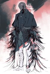 Rule 34 | 1boy, armor, black coat, bloodborne, bloody crow of cainhurst, chikage (bloodborne), cloak, coat, collared coat, commentary request, covered face, feathers, full body, gauntlets, helm, helmet, highres, holding, holding sword, holding weapon, katana, long hair, male focus, sheath, sheathed, solo, standing, sword, weapon, white hair, yashiki (gh0st 5010)