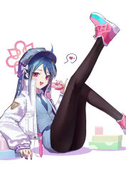 Rule 34 | 1girl, absurdres, antenna hair, black pantyhose, blue archive, blue hair, blue hat, blue necktie, blue skirt, blue vest, doughnut, food, fubuki (blue archive), grey hair, halo, hat, heart, highres, holding, holding food, jacket, long hair, long sleeves, multicolored hair, necktie, nian962464, open clothes, open jacket, pantyhose, pink footwear, pink halo, red eyes, shoes, simple background, skirt, solo, spoken heart, twintails, vest, white background, white jacket