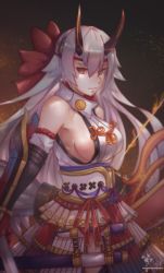 Rule 34 | 1girl, absurdres, armor, armpits, bare shoulders, breasts, closed mouth, cowboy shot, detached sleeves, fate/grand order, fate (series), graphite (medium), hair between eyes, hair ribbon, headband, highres, horns, japanese armor, japanese clothes, kote, long hair, looking at viewer, medium breasts, oni horns, red eyes, ribbon, serious, sideboob, silver hair, solo, tomoe gozen (fate), traditional media, yuureiko