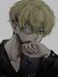 Rule 34 | 1boy, black jacket, blonde hair, blood, blood on face, blood on hands, collared jacket, commentary request, eyepatch, green eyes, grey background, hand up, highres, jacket, jiz (pffbq), long sleeves, looking at viewer, male focus, matsuno chifuyu, medical eyepatch, muted color, short hair, simple background, solo, tokyo revengers, undercut, upper body, very short hair, wiping mouth