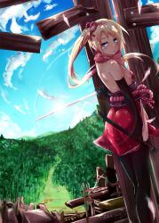 Rule 34 | 1girl, 2016, arm at side, artist name, ass, back, bamboo, bamboo forest, bare shoulders, black gloves, black pantyhose, blonde hair, blue eyes, blue sky, breasts, cloud, cloudy sky, commentary request, dated, day, dema hmw, elbow gloves, eyelashes, feathers, floral print, forest, from behind, gloves, hair ornament, hair tie, half-closed eyes, highres, holding, holding sword, holding weapon, japanese clothes, kimono, long hair, looking at viewer, looking back, nature, ninja, obi, original, outdoors, pantyhose, parted lips, ponytail, rope, sash, scabbard, sheath, short eyebrows, short kimono, side ponytail, side slit, sideboob, sky, sleeveless, sleeveless kimono, small breasts, solo, sword, thick eyebrows, tree, unsheathed, weapon