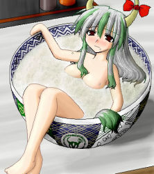 Rule 34 | 1girl, bathing, bowl, breasts, brown eyes, ex-keine, female focus, food, food on body, food on breasts, green hair, horn ornament, horn ribbon, horns, in food, jaggy lines, kamishirasawa keine, lowres, mini person, minigirl, nude, ribbon, rice, silver hair, solo, tail, touhou