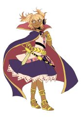 Rule 34 | 1girl, alternate skin color, anklet, belt, blonde hair, cape, dark skin, dark-skinned female, earmuffs, hand on own hip, hand on own chest, highres, jewelry, kia (tumblr), pointy hair, ritual baton, sandals, smirk, solo, sword, touhou, toyosatomimi no miko, transparent background, weapon, wrist cuffs, yellow eyes