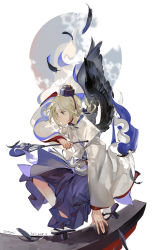 Rule 34 | 1boy, arm support, artist name, bird wings, black wings, blonde hair, blue eyes, blue hakama, chin strap, copyright name, expressionless, feathers, from side, full body, geta, hair ribbon, hakama, hakama skirt, hand fan, hat, highres, holding, holding fan, japanese clothes, kariginu, long hair, long sleeves, looking away, low ponytail, male focus, noir (ibaraki), on one knee, onmyoji, paper fan, ponytail, profile, ribbon, simple background, skirt, solo, tabi, tassel, tengu-geta, torii, white background, wide sleeves, wings