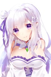 Rule 34 | 10s, 1girl, :d, ai (blacktea milk), blush, braid, breasts, bug, butterfly, butterfly hair ornament, cleavage, cleavage cutout, closed mouth, clothing cutout, crown braid, dress, emilia (re:zero), female focus, flower, frilled dress, frilled sleeves, frills, gem, green gemstone, hair flower, hair ornament, hairband, happy, insect, large breasts, long hair, long sleeves, looking at viewer, multicolored eyes, open mouth, pointy ears, purple eyes, purple hair, re:zero kara hajimeru isekai seikatsu, ribbon, shoulder cutout, silver hair, smile, solo, upper body, very long hair, white dress, white flower, wide sleeves