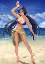 Rule 34 | 10s, 1girl, 2014, absurdres, arm up, beach, bikini, breasts, cloud, contrapposto, dated, day, feet, footprints, front-tie bikini top, front-tie top, green eyes, highres, large breasts, lasterk, long hair, looking at viewer, love live!, love live! school idol festival, love live! school idol project, navel, ocean, outdoors, purple bikini, purple hair, sarong, signature, sky, smile, solo, standing, strap gap, swimsuit, toes, tojo nozomi, very long hair