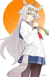 Rule 34 | 1girl, ahoge, animal ears, belt, blue skirt, border, carrot, clenched hand, closed mouth, commentary, cowboy shot, ear ornament, food, gradient background, grey belt, grey hair, hair between eyes, hair ornament, hand on own hip, highres, holding, holding carrot, holding food, horse ears, horse girl, horse tail, long hair, long sleeves, neckerchief, oguri cap (umamusume), pantyhose, pleated skirt, red neckerchief, sailor collar, shirt, skirt, solo, tail, umamusume, wakamatsu, white border, white shirt