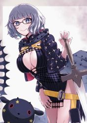 Rule 34 | 1girl, absurdres, belt, black dress, black jacket, blue eyes, breasts, cleavage, cropped jacket, dress, fate/grand order, fate (series), glasses, grey hair, highres, hood, hooded jacket, jacket, jacques de molay (foreigner) (fate), kotou mai, lamb, large breasts, long sleeves, looking at viewer, open clothes, open jacket, sheep, short dress, short hair, smile, sword, thighs, weapon