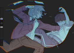 Rule 34 | 2boys, arm up, art program in frame, black hair, blazer, blunt bangs, brown pants, chromatic aberration, commentary, english commentary, fighting, floating, grey background, grid background, hanazawa teruki, hand on another&#039;s neck, highres, jacket, kageyama shigeo, knife, levitation, long sleeves, looking at another, male focus, medium request, mob psycho 100, mp100days, multiple boys, necktie, one eye closed, open mouth, pants, school uniform, shirt, short hair, short sleeves, simple background, t-shirt, white shirt