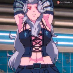 Rule 34 | 1girl, abs, animated, animated gif, bandages, belt, bouncing breasts, breasts, cleavage, corset, cross, dorohedoro, earrings, jewelry, large breasts, long hair, lowres, messy hair, midriff, muscular, muscular female, navel, noi (dorohedoro), pants, parted lips, red eyes, smile, solo, tall female, toned, twistedgrim, white hair