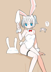 Rule 34 | 2girls, :&lt;, agoshi sakina, animal ears, arm support, bare shoulders, blue eyes, blush, bow, bowtie, breasts, brown background, creature, doodle inset, fake animal ears, fake tail, feet out of frame, hair horns, hairband, highleg, highleg leotard, highres, invisible chair, knees together feet apart, kokaki mumose, leotard, looking at viewer, medium breasts, moneko (null-meta), multiple girls, null-meta, rabbit ears, rabbit tail, red bow, red bowtie, short hair, short ponytail, simple background, sitting, solo focus, strapless, strapless leotard, tail, takada shiyuki, thigh strap, thought bubble, translation request, white hair, white hairband, white leotard