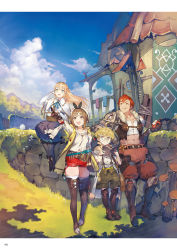 Rule 34 | 2boys, 2girls, :d, :t, abs, ahoge, apple, atelier (series), atelier ryza, atelier ryza 1, belt, bird, black legwear, blonde hair, blue skirt, blue sky, book, boots, braid, brown gloves, brown legwear, capelet, chain, clock, cloud, collarbone, day, eating, food, fruit, glasses, gloves, green eyes, green shorts, hair ornament, hairclip, hat, highres, holding, holding book, holding food, holding fruit, jewelry, klaudia valentz, lent marslink, long hair, looking away, midriff, multiple boys, multiple girls, navel, official art, open mouth, outdoors, pants, pantyhose, pointing, red hair, red pants, red shorts, reisalin stout, shirt, short shorts, shorts, single braid, single glove, sitting, skirt, sky, smile, standing, tao mongarten, teeth, thighhighs, thighs, toe ring, toeless footwear, toridamono, upper teeth only, wall, white headwear, white legwear, white shirt