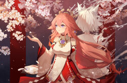 Rule 34 | 2girls, absurdres, animal ears, back-to-back, bare shoulders, blush, branch, breasts, cherry blossoms, commentary request, detached sleeves, earrings, eyelashes, facing away, falling petals, floating hair, floppy ears, floral print, flower, fox ears, genshin impact, hair between eyes, hair flaps, hand up, headpiece, highres, japanese clothes, jewelry, kimono, kitsune saiguu, large breasts, long hair, long sleeves, low-tied long hair, miko, morimori (14292311), multicolored background, multiple girls, nontraditional miko, open mouth, parted lips, pelvic curtain, petals, pink flower, pink hair, purple eyes, ribbon-trimmed sleeves, ribbon trim, sakuramon, shirt, short hair, sidelocks, simple background, sleeveless, sleeveless shirt, standing, tassel, very long hair, vision (genshin impact), white hair, white kimono, white shirt, white sleeves, wide sleeves, yae miko