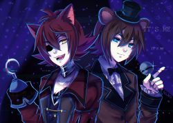 Rule 34 | 2boys, animal ears, bad id, bad pixiv id, bear ears, blue eyes, brown hair, curtains, eyepatch, fangs, felicia-val, five nights at freddy&#039;s, fox ears, foxy (fnaf), freddy fazbear, glitch, hat, highres, hook hand, looking at viewer, microphone, mini hat, mini top hat, multiple boys, open mouth, personification, red hair, smile, top hat, yellow eyes