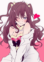 Rule 34 | 10s, 1girl, ;3, bare shoulders, blue eyes, blush, bow, breasts, brown hair, cleavage, detached collar, earrings, fur trim, hair bow, heart, ichinose shiki, idolmaster, idolmaster cinderella girls, jewelry, lab coat, large breasts, long hair, looking at viewer, necklace, one eye closed, sketch, smile, solo, teti, twintails, two side up, wavy hair