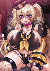 Rule 34 | 1girl, :3, absurdres, alternate breast size, ass, azur lane, bache (azur lane), bare shoulders, black shorts, blonde hair, blush, breasts, choker, cleavage, curvy, deep skin, dot nose, eyelashes, eyes visible through hair, fang, female focus, fishnet thighhighs, fishnets, grabbing own breast, hair between eyes, happy, hat, highres, huge breasts, jewelry, lewdweather, long hair, looking at viewer, looking down, navel, necklace, open clothes, open mouth, open shorts, osiimi, plump, purple eyes, shiny clothes, shiny skin, short shorts, shorts, sideboob, sitting, skindentation, smile, solo, steam, thick thighs, thighhighs, thighs, tongue, twintails, wide hips