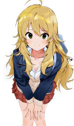 Rule 34 | 1girl, absurdres, ahoge, bent over, blazer, blonde hair, breasts, cleavage, closed mouth, collarbone, collared shirt, cowboy shot, green eyes, hair between eyes, hands on own thighs, highres, hoshii miki, idolmaster, idolmaster (classic), jacket, long hair, long sleeves, looking at viewer, medium breasts, miniskirt, partially unbuttoned, pleated skirt, shirt, sketch, skirt, smile, solo, uniform, v arms, zenoo