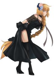 Rule 34 | 1girl, bare shoulders, black bow, black choker, black dress, black footwear, black thighhighs, blonde hair, blue eyes, blue flower, bow, capelet, choker, commentary request, dress, fate/apocrypha, fate (series), flower, full body, hair flower, hair ornament, high heels, highres, jeanne d&#039;arc (fate), jeanne d&#039;arc (formal dress) (fate), leaning forward, long braid, long hair, looking at viewer, off shoulder, side slit, simple background, smile, solo, standing, thighhighs, thighs, very long hair, viktorf, white background