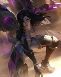 Rule 34 | 1girl, black hair, blurry, blurry background, boots, breasts, clenched hand, clenched teeth, dutch angle, facial mark, highres, kai&#039;sa, league of legends, long hair, medium breasts, plunging neckline, purple eyes, raikoart, skin tight, solo, squatting, teeth, thigh boots, thighhighs, whisker markings