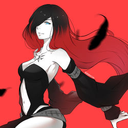 Rule 34 | 1girl, bare shoulders, black hair, blue eyes, breasts, center opening, cleavage, crow (gravity daze), detached sleeves, gravity daze, hair over one eye, koyorin, long hair, looking at viewer, multicolored hair, navel, red background, simple background, solo, two-tone hair