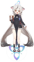 Rule 34 | 1girl, absurdres, animal ears, black dress, black hair, black jacket, black socks, blue archive, blue halo, blush, breasts, china dress, chinese clothes, cleavage cutout, clothing cutout, dress, full body, grey hair, halo, highres, jacket, kokona (blue archive), long hair, long sleeves, looking at viewer, mountain han, multicolored hair, open clothes, open jacket, open mouth, orange eyes, shoes, simple background, small breasts, smile, socks, solo, streaked hair, striped clothes, striped dress, striped jacket, tiger ears, vertical-striped clothes, vertical-striped dress, vertical-striped jacket, white background, white footwear
