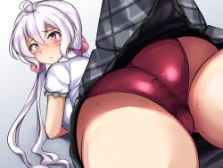 Rule 34 | 1girl, ahoge, ass, blouse, blush, breasts, cameltoe, clothes lift, hair between eyes, hair ornament, hair ribbon, large breasts, looking at viewer, looking back, panties, purple eyes, red panties, ribbon, senki zesshou symphogear, shirt, simple background, skirt, skirt lift, sweat, underwear, white background, white hair, white shirt, yottan, yukine chris