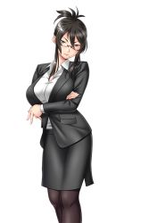 Rule 34 | 1girl, black hair, black skirt, blue eyes, breasts, closed mouth, crossed arms, folded ponytail, formal, game cg, glasses, hyoui kanojo: tsukikano, kashiwazaki haruka, large breasts, legs, legs together, looking at viewer, mole, mole under mouth, nana g, original, pantyhose, pencil skirt, ponytail, skirt, solo, suit, thighs, transparent background