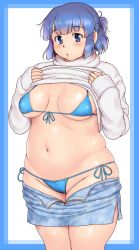Rule 34 | 1girl, bikini, blue bikini, blue eyes, blue hair, blush, border, breasts, breasts apart, clothes lift, clothes pull, fat, fat step-sister (orizen), front-tie bikini top, front-tie top, groin, half updo, head tilt, highres, lifting own clothes, looking at viewer, mature female, medium breasts, navel, original, orizen, outside border, parted lips, pencil skirt, short hair, side slit, skirt, skirt pull, sleeves past wrists, solo, standing, sweater, sweater lift, swimsuit, unzipped, white background, white sweater
