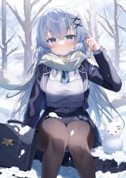 Rule 34 | 1girl, bag, black bag, black pantyhose, blue coat, blue eyes, blue hair, blue necktie, blue skirt, blush, branch, breasts, coat, commentary request, crossed bangs, feet out of frame, grey vest, gyozanuko, hair between eyes, hair ornament, hand up, handbag, highres, lapels, large breasts, long hair, long sleeves, looking at viewer, necktie, open mouth, original, pantyhose, pleated skirt, scarf, shirt, sitting, skirt, snow on body, snow on head, snowing, snowman, solo, tree, very long hair, vest, white scarf, white shirt, x hair ornament
