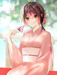Rule 34 | 1girl, brown eyes, brown hair, bug, butterfly, butterfly on hand, closed mouth, commentary, daifuku kamiya, day, hair between eyes, hair ornament, hairpin, hand up, highres, insect, japanese clothes, kimono, lens flare, long hair, looking at viewer, low twintails, multicolored hair, outdoors, pink hair, pink kimono, sash, sitting, smile, solo, twintails, vocaloid, vy1