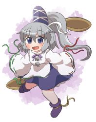 Rule 34 | 1girl, blue eyes, blue hat, blue skirt, blush, boots, full body, grey hair, hair between eyes, hat, highres, japanese clothes, kariginu, long hair, mononobe no futo, open mouth, pom pom (clothes), ponytail, purple footwear, rokugou daisuke, signature, skirt, sleeves past fingers, sleeves past wrists, smile, solo, tate eboshi, touhou, wide sleeves