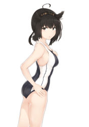 Rule 34 | 1girl, ahoge, ass, bare shoulders, black hair, blush, breasts, brown eyes, clothes writing, commentary request, competition swimsuit, covered erect nipples, cowboy shot, driftkingtw, from side, hair between eyes, hair flaps, hairband, hand on own hip, hatsuzuki (kancolle), headband, highleg, highleg swimsuit, kantai collection, looking at viewer, medium breasts, one-piece swimsuit, parted lips, revision, short hair, sideboob, simple background, smile, solo, standing, swimsuit, white background