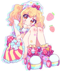 Rule 34 | 1girl, aeruusa, aikatsu! (series), aikatsu stars!, blonde hair, blush, bow, brown eyes, dress, earrings, food, frilled skirt, frills, fruit, full body, hands on own chin, heart, heart earrings, jewelry, long hair, looking at viewer, nijino yume, roller skates, shoes, simple background, sitting, skates, skirt, solo, strawberry, striped clothes, striped skirt, twintails, white background, wrist cuffs