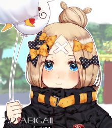 Rule 34 | 1girl, abigail williams (fate), absurdres, artist request, bad id, bad pixiv id, balloon, belt, black bow, blue eyes, blurry, blurry background, blush, bow, character name, commentary request, dated, fate/grand order, fate (series), hair bow, hair bun, highres, holding, holding balloon, looking at viewer, multiple hair bows, official alternate costume, orange bow, parted bangs, polka dot, polka dot bow, single hair bun, smile, solo, yellow belt