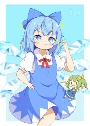 Rule 34 | 2girls, :3, blue background, blue bow, blue dress, blue eyes, blue hair, blush, bow, character name, chibi, cirno, crys (dai), daiyousei, dress, fairy wings, fang, feet out of frame, green hair, hair bow, hand up, ice, ice wings, looking at viewer, medium hair, multiple girls, one side up, simple background, skin fang, smug, touhou, white background, wings