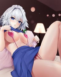 Rule 34 | 1girl, blue eyes, blue skirt, bow, braid, breasts, commentary request, condom, condom wrapper, green bow, hair bow, highres, izayoi sakuya, lamp, looking at viewer, maid headdress, medium breasts, miniskirt, on bed, one-piece swimsuit, pillow, pink one-piece swimsuit, reclining, silver hair, sinkai, sitting, skirt, slingshot swimsuit, solo, swimsuit, touhou, twin braids