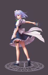 Rule 34 | 1girl, :&lt;, apron, arm at side, ascot, back, between fingers, blue dress, blue footwear, blue hair, bow, braid, closed mouth, contrapposto, dress, eyebrows, floating hair, frilled dress, frills, from behind, full body, green bow, guang yiren, hair between eyes, hair bow, highres, holding, holding knife, holster, izayoi sakuya, kneepits, knife, knives between fingers, looking at viewer, magic circle, maid headdress, outstretched arm, pocket watch, puffy short sleeves, puffy sleeves, red eyes, shirt, shoes, short sleeves, silver hair, simple background, socks, solo, standing, thigh holster, throwing knife, touhou, twin braids, waist apron, watch, weapon, white apron, white shirt, white socks