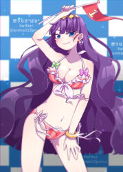 Rule 34 | 1girl, alternate breast size, arm up, artist name, bikini, blue eyes, bracelet, breasts, checkered background, cleavage, commentary request, delicious party precure, earrings, flag, front-tie bikini top, front-tie top, hair ornament, halterneck, hand on own thigh, highres, holding, holding flag, jewelry, kasai amane, long hair, medium breasts, navel, poma123poma, precure, purple hair, red bikini, side-tie bikini bottom, sparkle, striped bikini, striped clothes, swimsuit, twitter username, vertical-striped bikini, vertical-striped clothes, very long hair