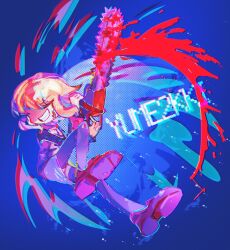 Rule 34 | 1girl, abstract, blonde hair, blood, blood splatter, bloody weapon, blue background, blue skirt, chainsaw, chromatic aberration, clenched teeth, closed eyes, copyright name, english text, flipped hair, foreshortening, full body, glitch, hands up, highres, holding, holding chainsaw, holding weapon, long sleeves, medium hair, miniskirt, myonen yumeyum, parted lips, pixel text, shoes, sidelocks, skirt, sleeves past wrists, solo, sweater, teeth, thighhighs, turtleneck, turtleneck sweater, urotsuki, v-shaped eyebrows, weapon, yume 2kki