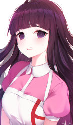 Rule 34 | 1girl, absurdres, apron, bandages, blunt bangs, blush, breasts, collared shirt, commentary request, danganronpa (series), danganronpa 2: goodbye despair, dd 0000, highres, long hair, looking at viewer, medium breasts, mole, mole under eye, nurse, puffy short sleeves, puffy sleeves, purple eyes, purple hair, shirt, short sleeves, simple background, solo, tears, teeth, tsumiki mikan, twitter username, upper body, white apron, white background